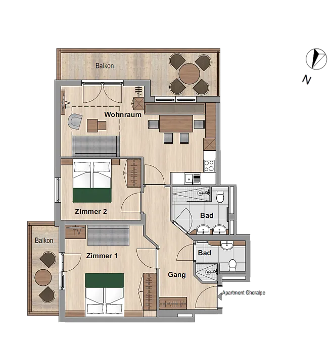 Grundriss einer modernen Wohnung mit Wohnzimmer, zwei Schlafzimmern, zwei Bädern, Küche und Balkon.