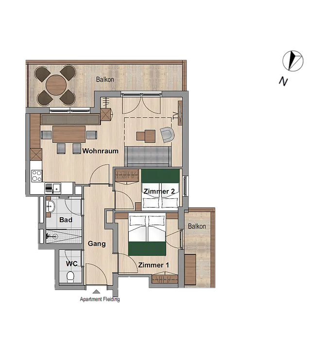 Grundriss einer Wohnung mit zwei Zimmern, Wohnraum, Bad, WC und zwei Balkonen.
