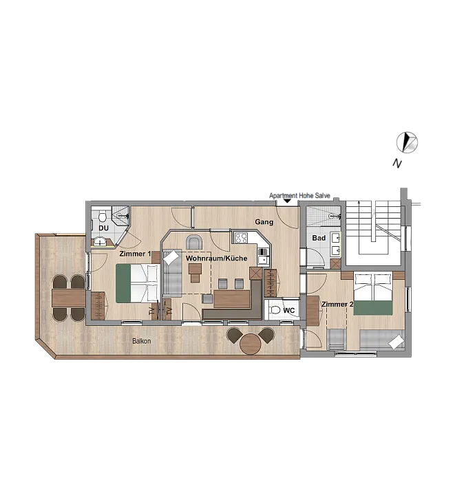 Grundriss einer zwei Schlafzimmer Ferienwohnung mit Küche, Bad, WC und Balkon.