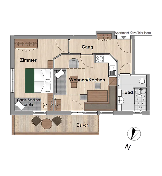 Grundriss eines Apartments mit einem Schlafzimmer, Wohnküche, Bad und Balkon.