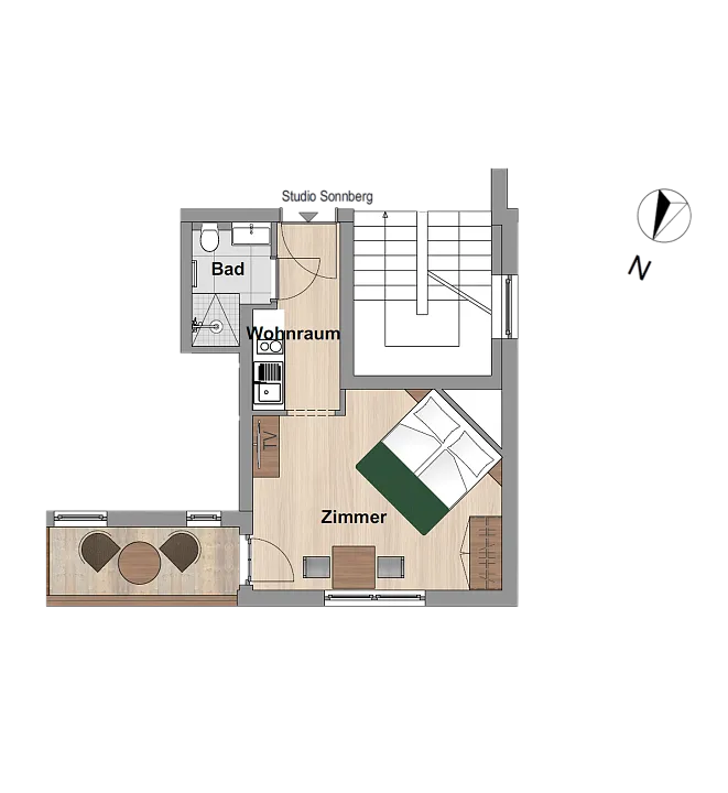 Grundriss einer Wohnung mit Zimmer, Wohnraum und Balkon.