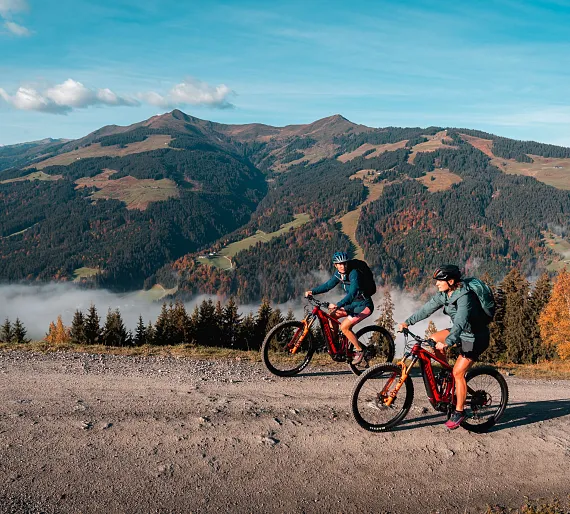 Zwei Mountainbiker fahren auf einem Bergweg in einer alpinen Landschaft mit bewaldeten Hügeln und blauem Himmel.